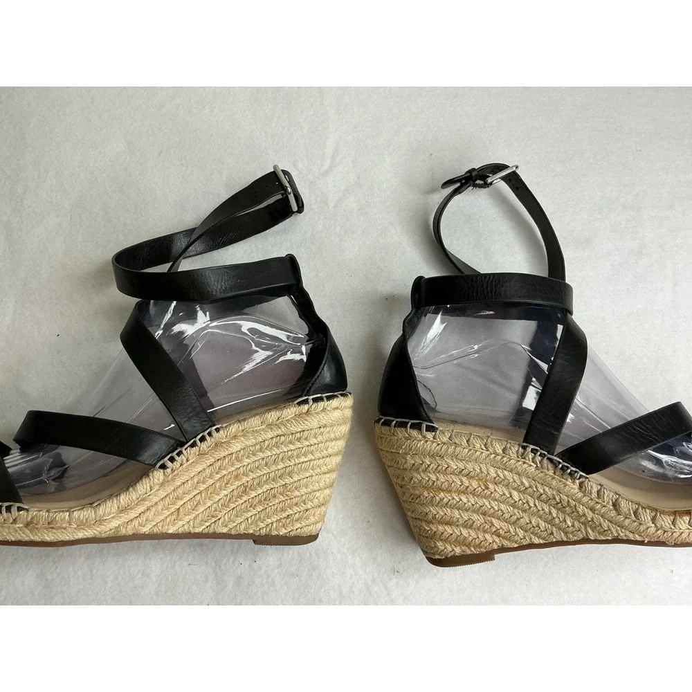 Vince Camuto Black Leather Espadrille Wedge Sandals Ankle Strap 8.5M